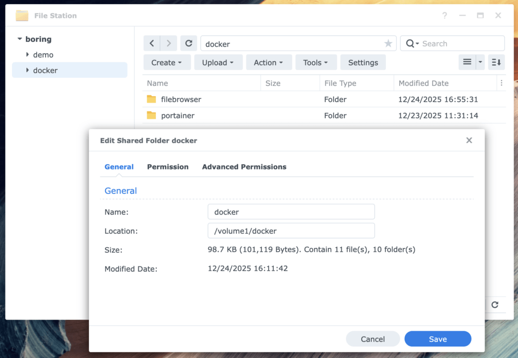 Synology DSM File Station GUI displaying the Edit Shared Folder docker view.