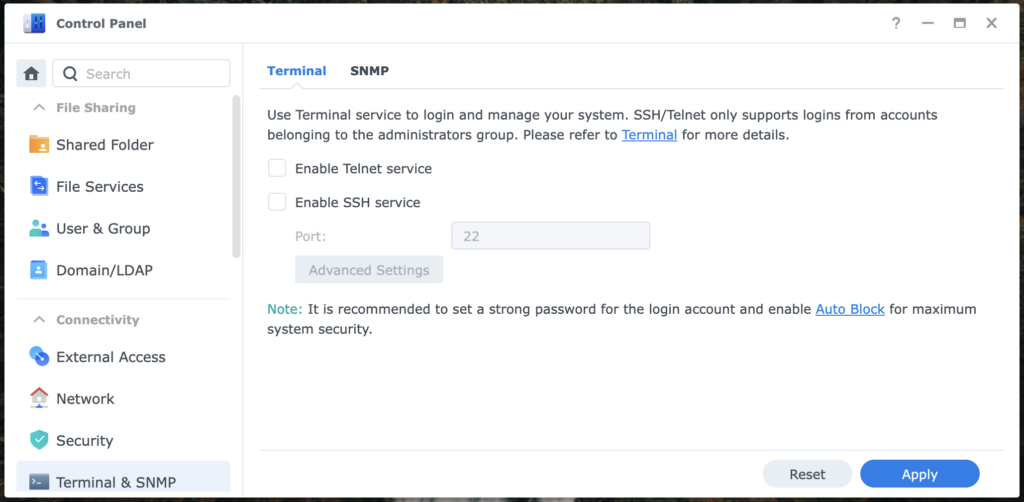 Screenshot of Synology web UI control panel showing the Terminal screen